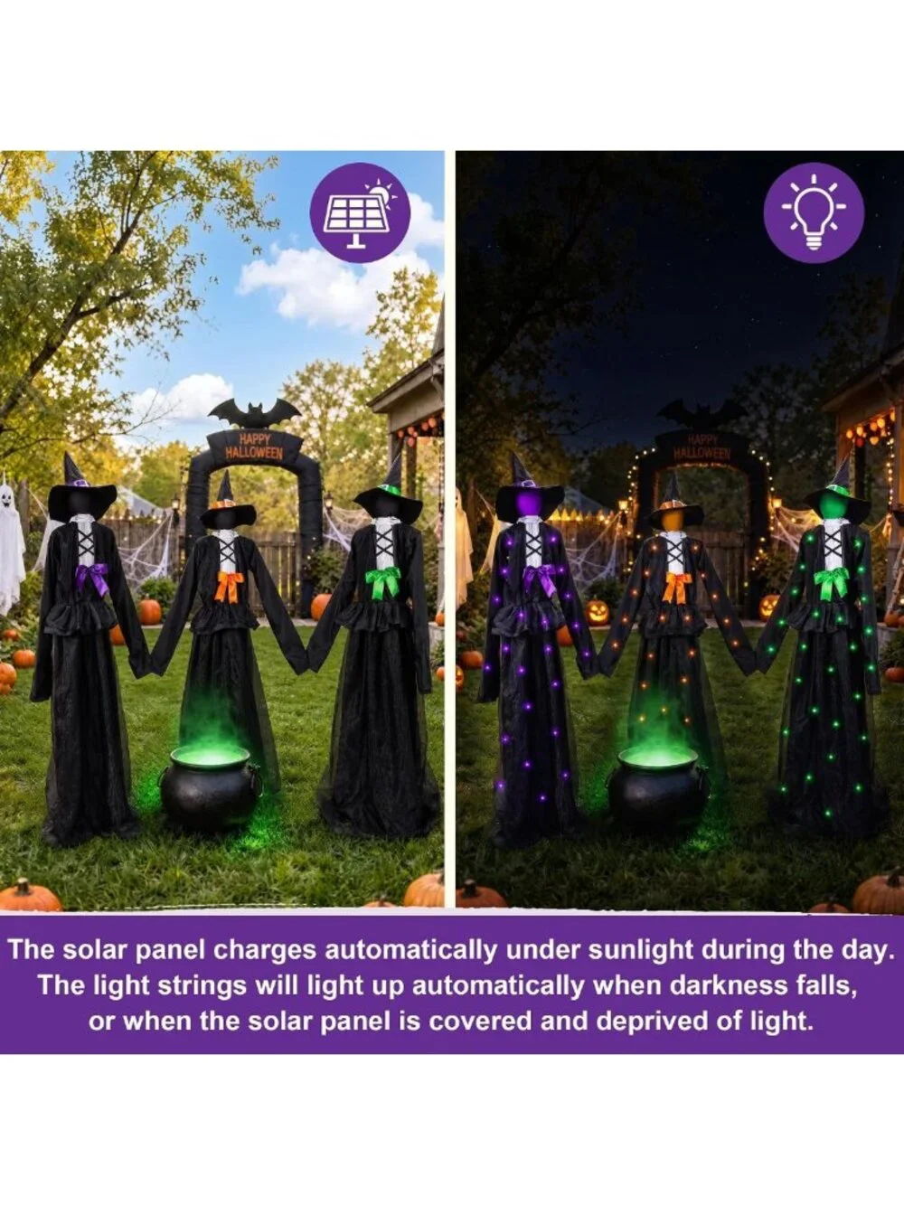 65-Inch Light-Up Witch Decoration Set of 3 - Solar-Powered Outdoor Graveyard